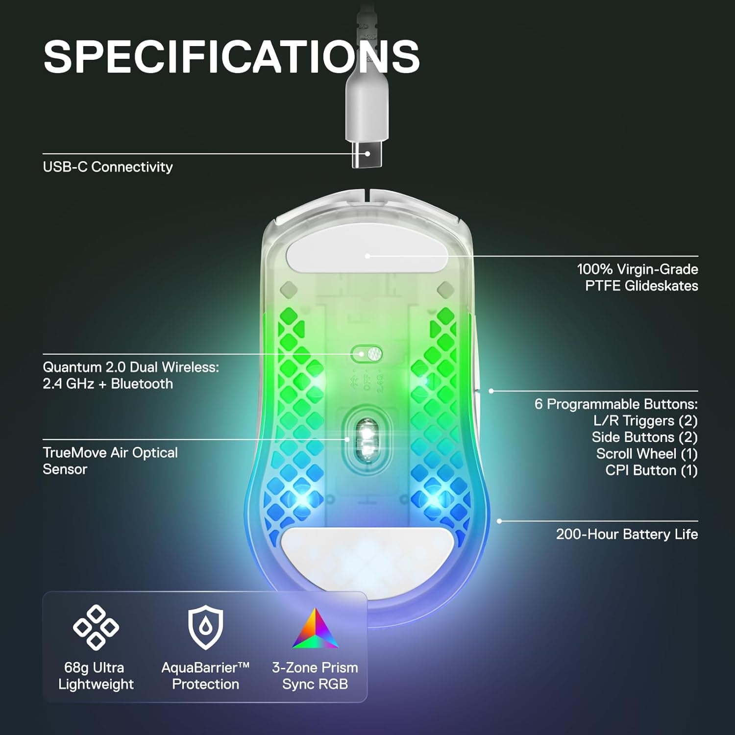 Aerox 3 Wireless - Super Light Gaming Mouse - 18,000 CPI Truemove Air Optical Sensor - Ultra-Lightweight Water Resistant Design - 200 Hour Battery Life - Ghost
